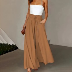 Women Casual Solid Color High Waist Wide Leg Pants
