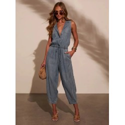 Women Fashion Casual Sleeveless Lapel Denim Jumpsuit