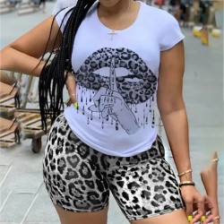 Plus Size Women Casual Lip Graphic Printed Round Neck Short Sleeves Top And Leopard Shorts Two Piece Set Plus Size Women Casual Lip Graphic Printed Round Neck Short Sleeves Top And Leopard Shorts Two Piece Set