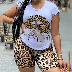 Plus Size Women Casual Lip Graphic Printed Round Neck Short Sleeves Top And Leopard Shorts Two Piece Set