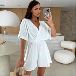 Women Fashion Solid Color V-Neck Loose Rompers