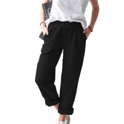 Women Casual Solid Color Cotton And Linen High Waist Pants