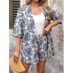 Women Holiday Print Short-Sleeved Shirt And Shorts Two-Piece Set