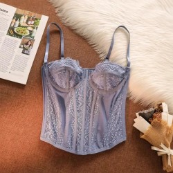 Women Fashion Sexy Solid Color Lace See-Through Corset Camisole