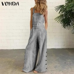 Women Casual Check-Print Wide-Leg Jumpsuit