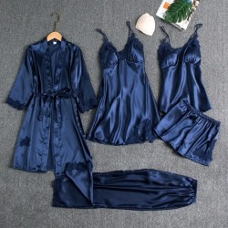 Women Summer Ice Silk Sexy Solid Color Lace Long Sleeve Nightgown Five-Piece Set
